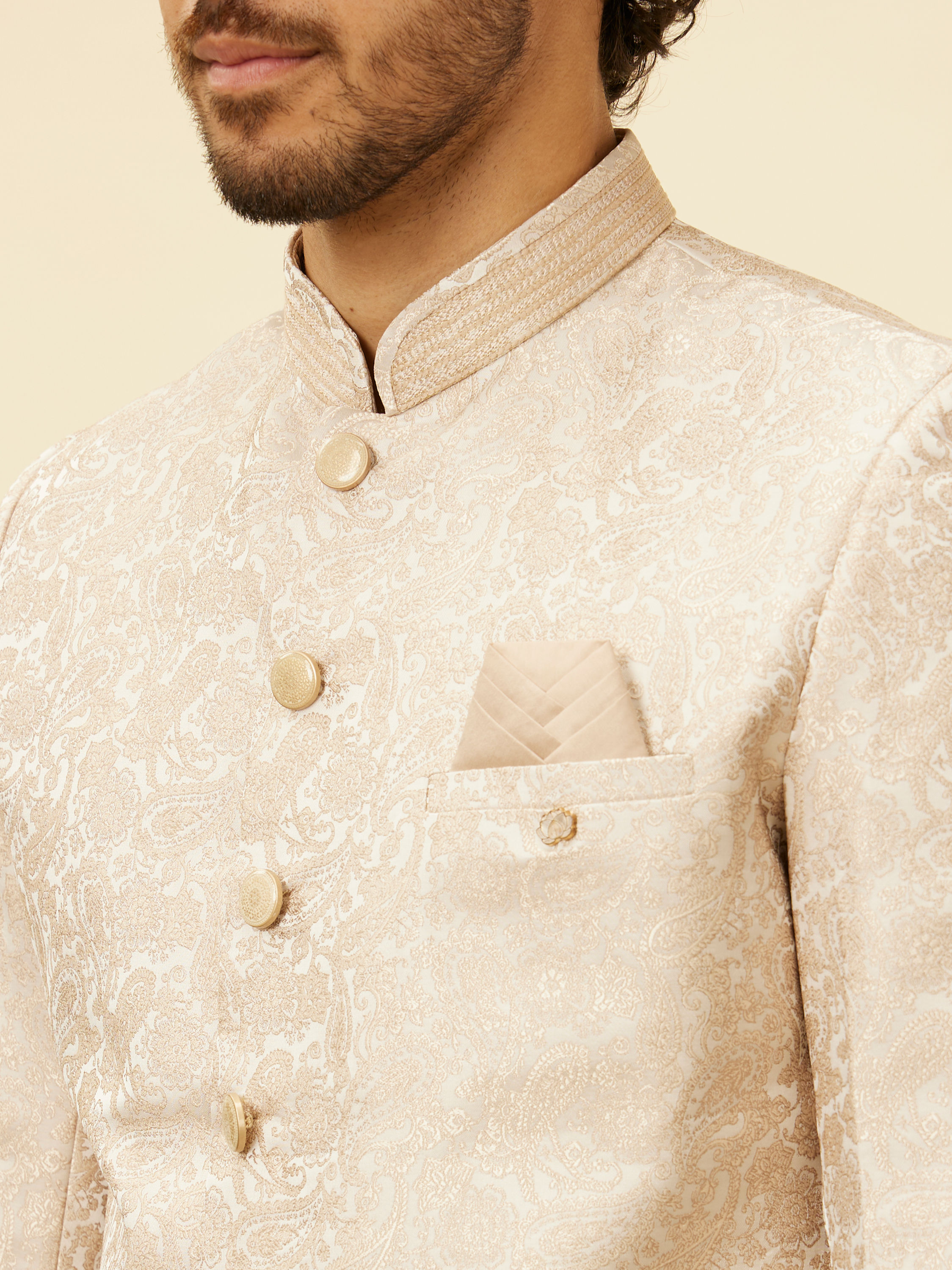 Manyavar Men Cream Pink Imperial Jaal Patterned Sherwani Set