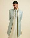 Manyavar Men Aqua Green Floral Motif Open Sherwani Set