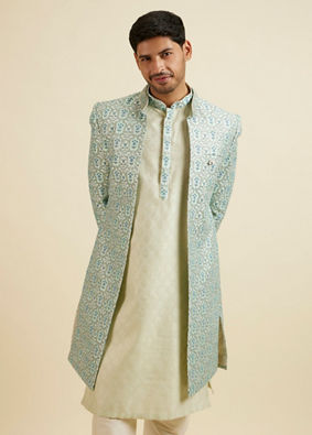 alt message - Manyavar Men Aqua Green Floral Motif Sherwani Set image number 0