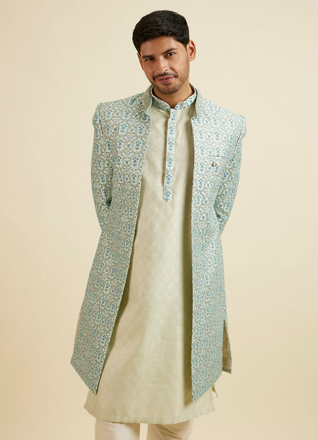 Manyavar Men Aqua Green Floral Motif Open Sherwani Set