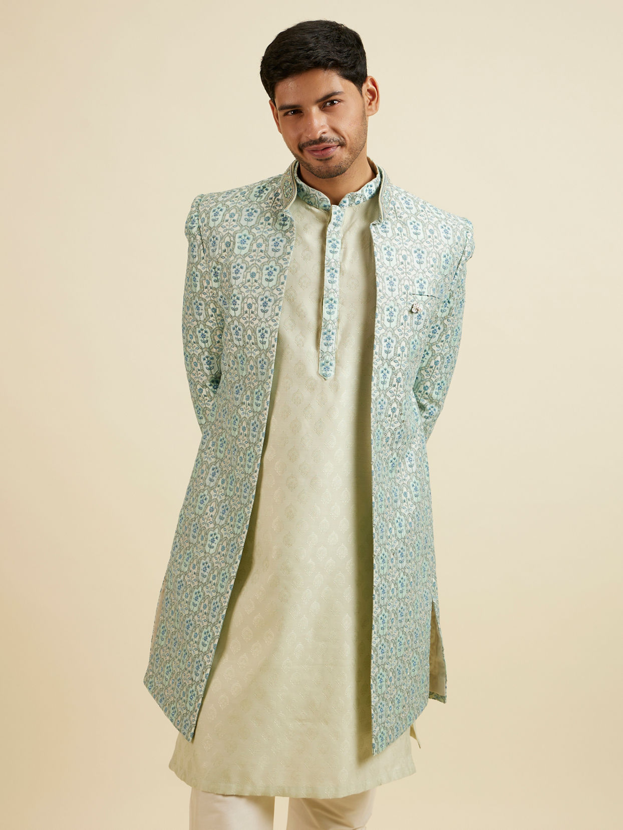 Manyavar Men Aqua Green Floral Motif Open Sherwani Set