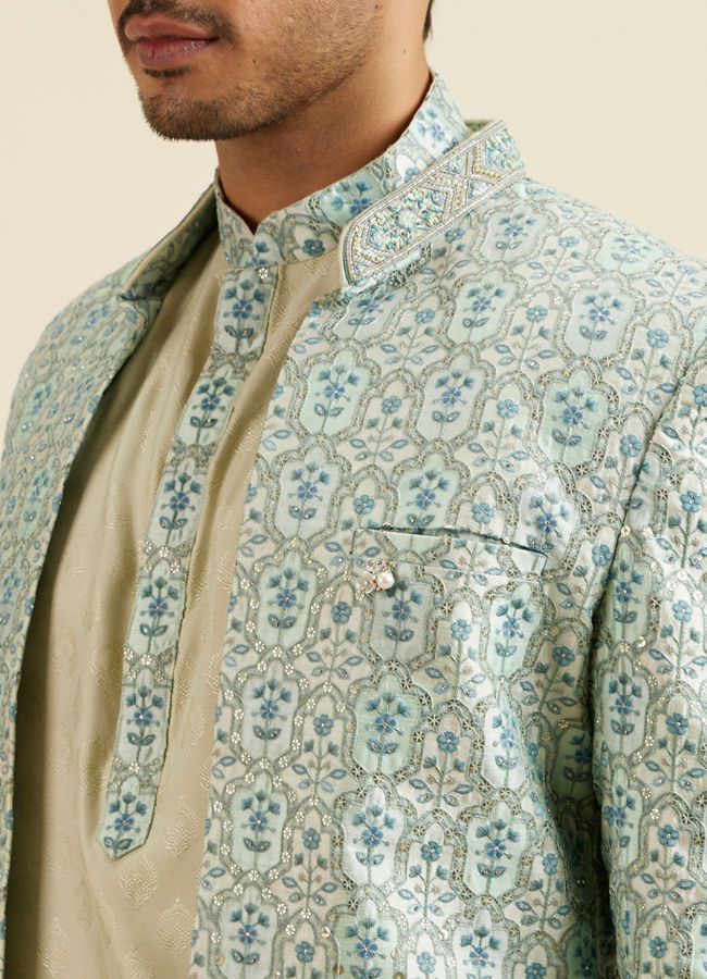 alt message - Manyavar Men Aqua Green Floral Motif Sherwani Set image number 1