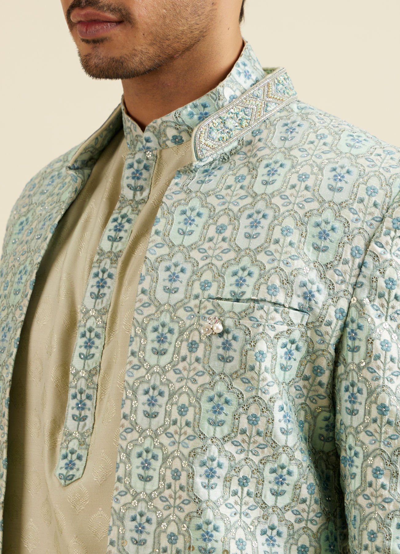 Manyavar Men Aqua Green Floral Motif Sherwani Set