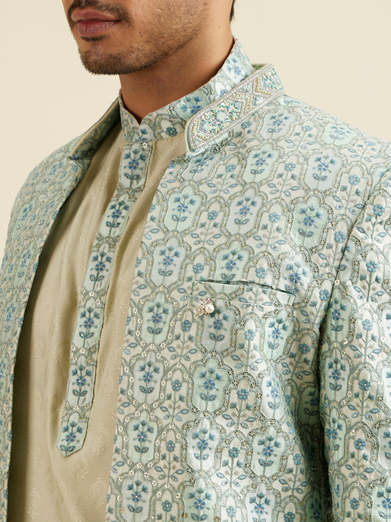 alt message - Manyavar Men Aqua Green Floral Motif Sherwani Set image number 1