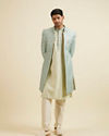 alt message - Manyavar Men Aqua Green Floral Motif Sherwani Set image number 3