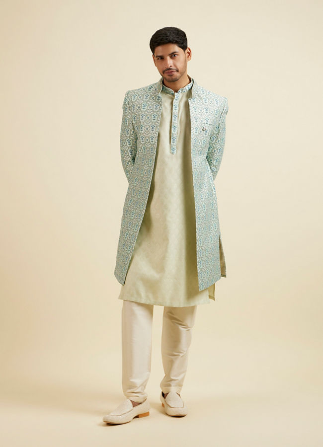 alt message - Manyavar Men Aqua Green Floral Motif Sherwani Set image number 3