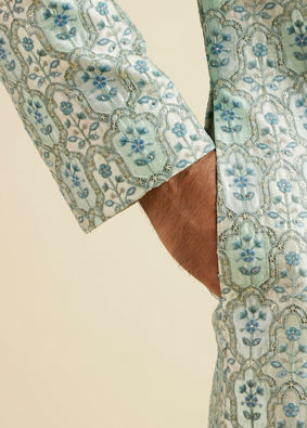 alt message - Manyavar Men Aqua Green Floral Motif Sherwani Set image number 5