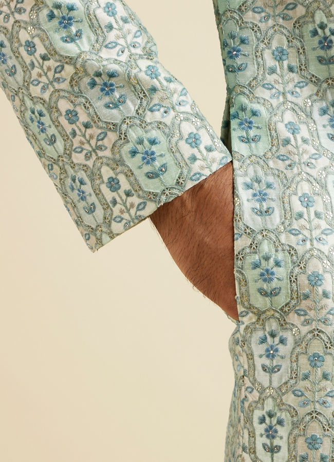 Manyavar Men Aqua Green Floral Motif Sherwani Set