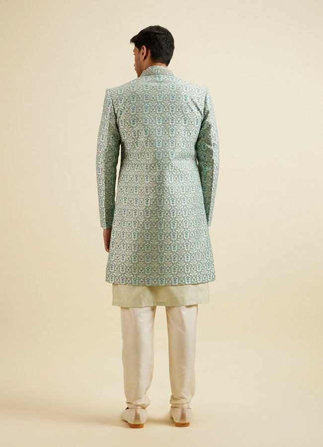 Manyavar Men Aqua Green Floral Motif Sherwani Set