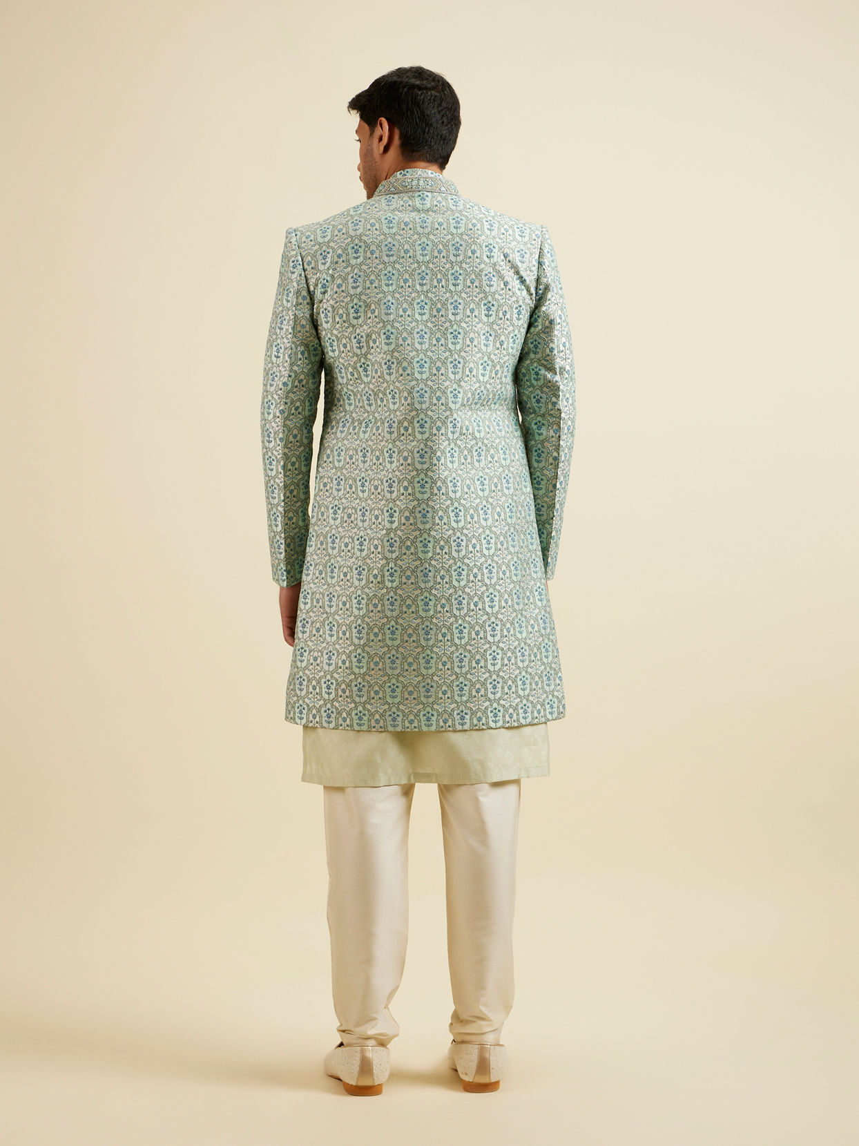 alt message - Manyavar Men Aqua Green Floral Motif Sherwani Set image number 6