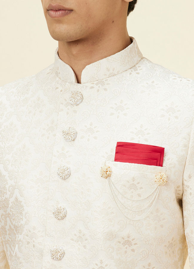Manyavar Men Pearl White Floral Jaal Patterned Sherwani Set