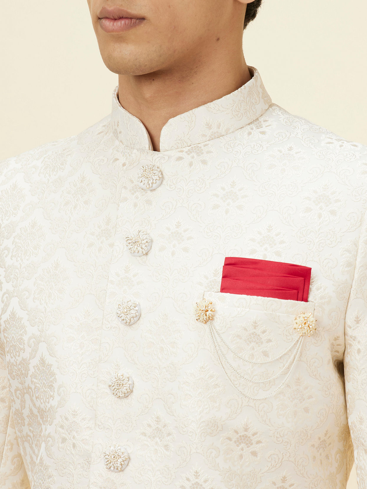 alt message - Manyavar Men Pearl White Floral Jaal Patterned Sherwani Set image number 1