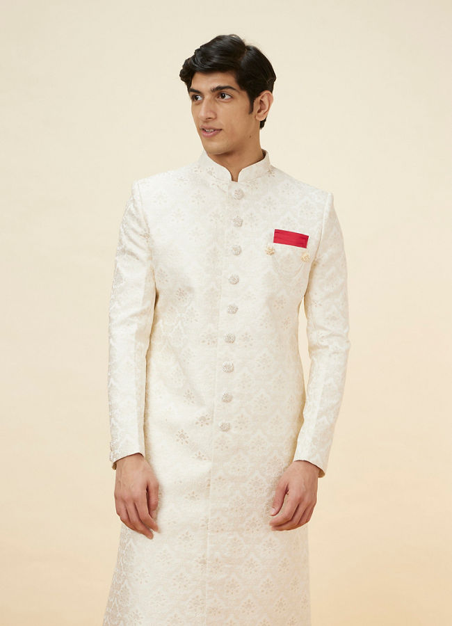 Manyavar Men Pearl White Floral Jaal Patterned Sherwani Set