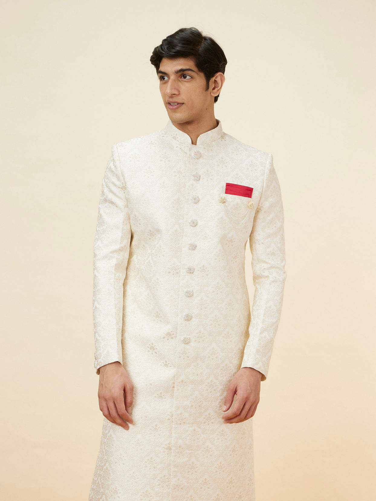 Manyavar Men Pearl White Floral Jaal Patterned Sherwani Set