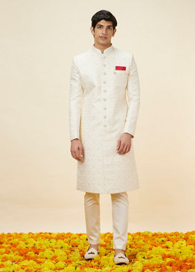 alt message - Manyavar Men Pearl White Floral Jaal Patterned Sherwani Set image number 2