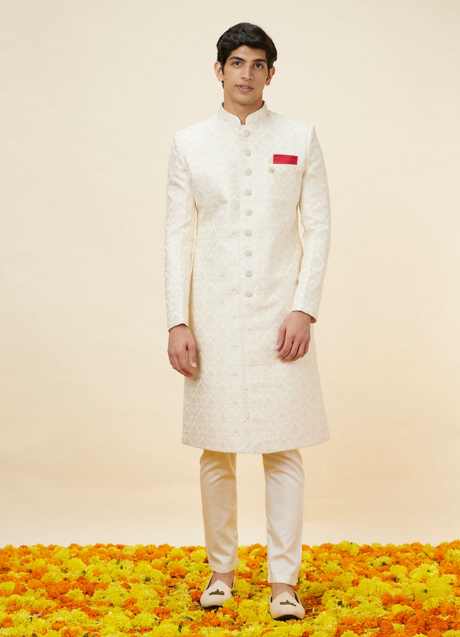 Manyavar Men Pearl White Floral Jaal Patterned Sherwani Set
