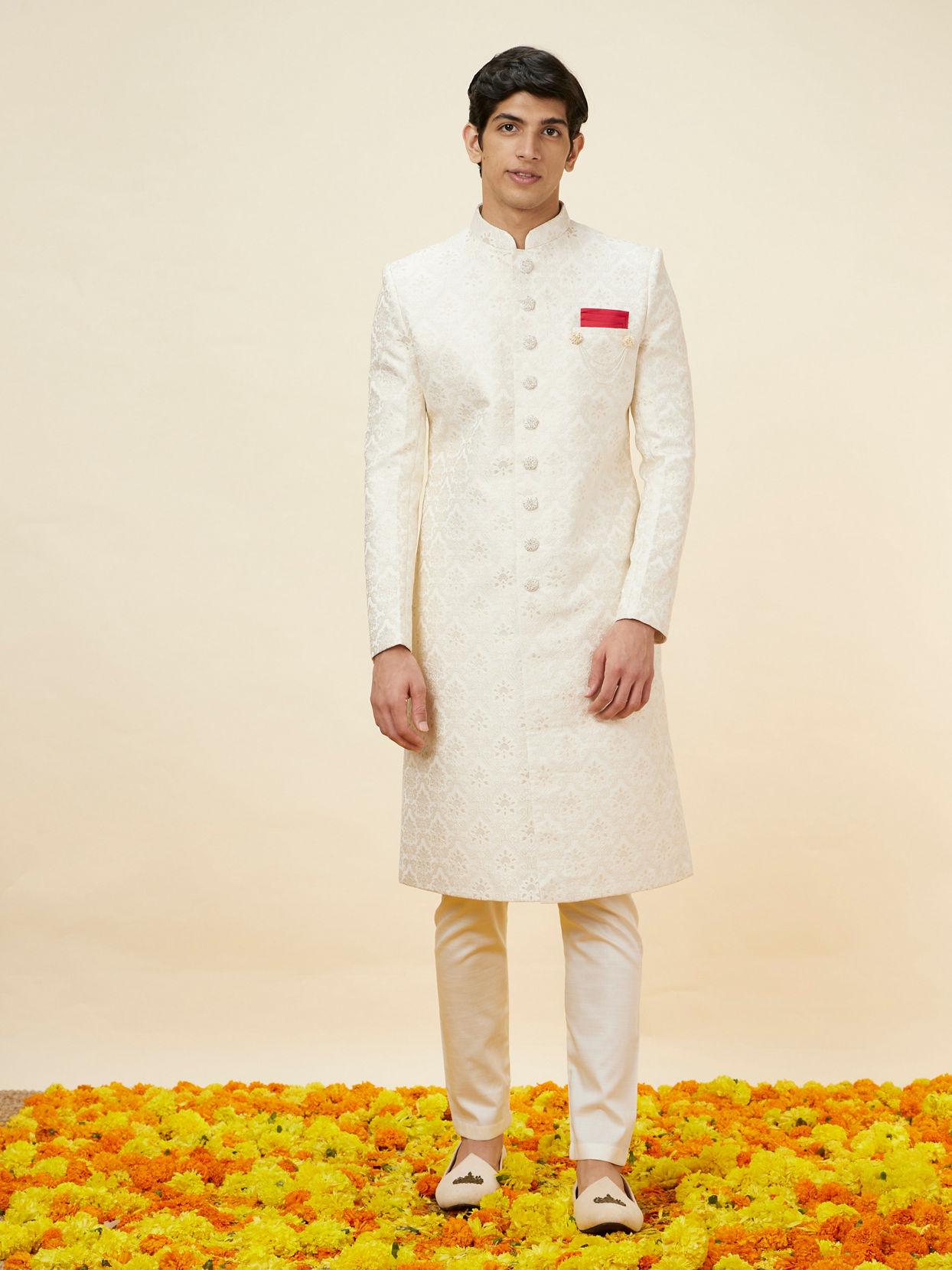Manyavar Men Pearl White Floral Jaal Patterned Sherwani Set