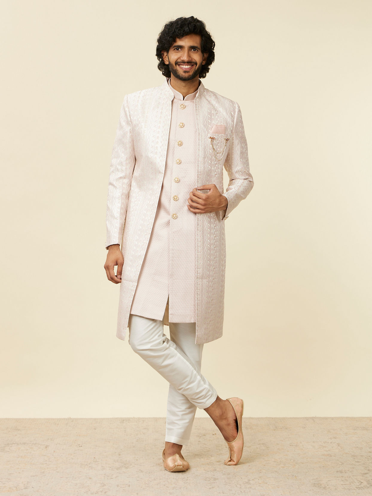 Manyavar Men Dusty Pink Self Patterned Sherwani Set