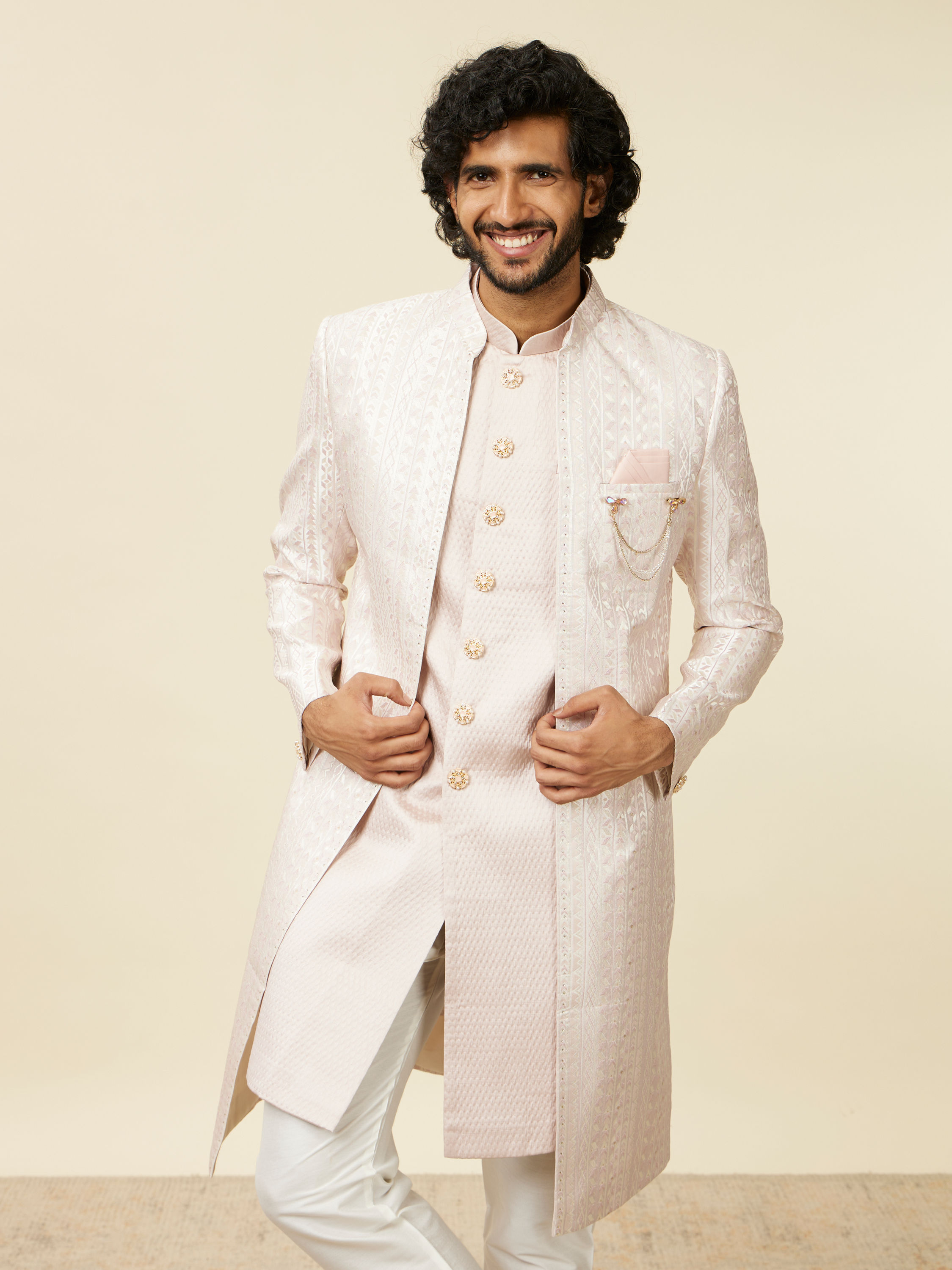 Manyavar Men Dusty Pink Self Patterned Sherwani Set