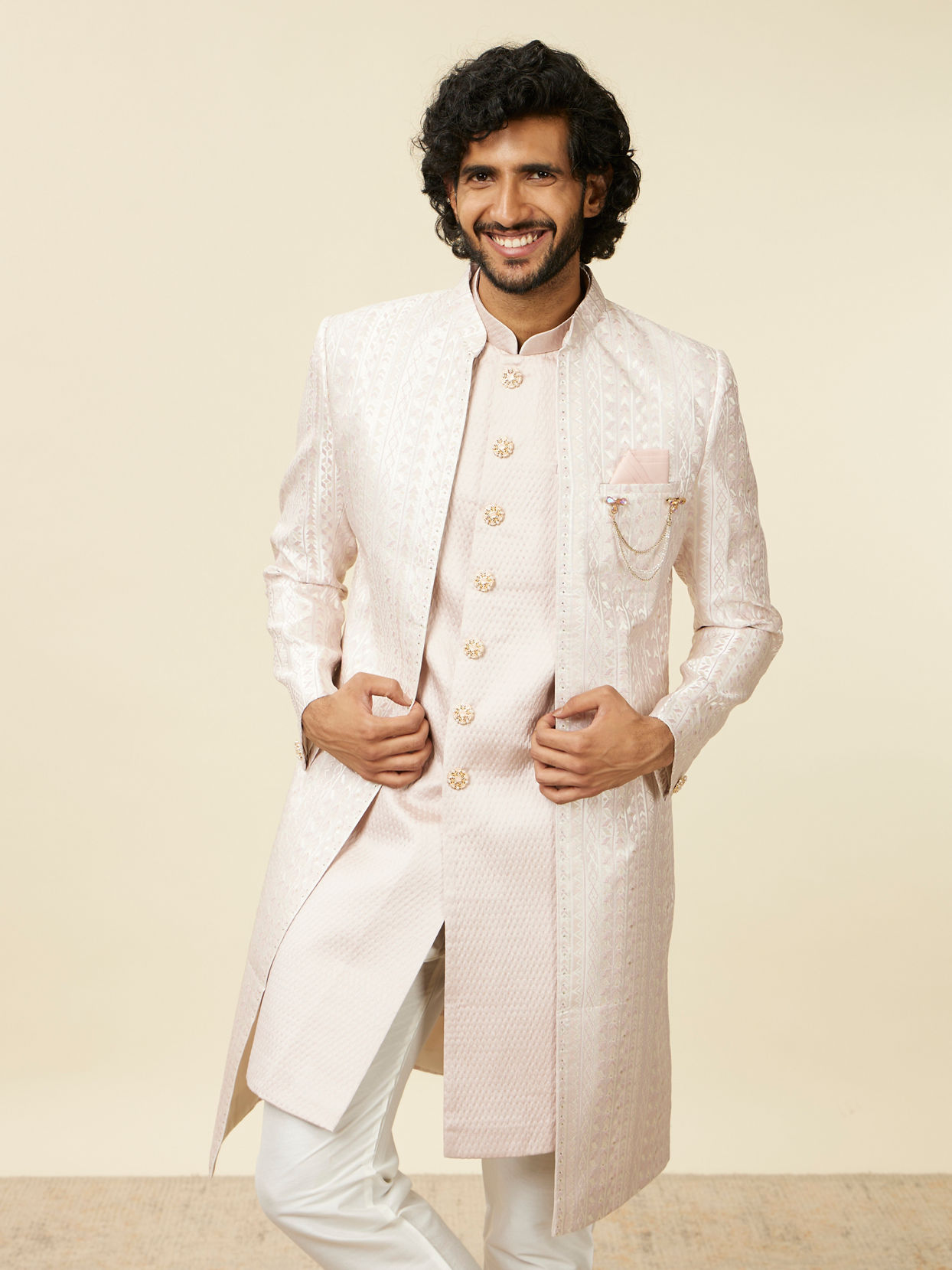 Manyavar Men Dusty Pink Self Patterned Open Sherwani Set