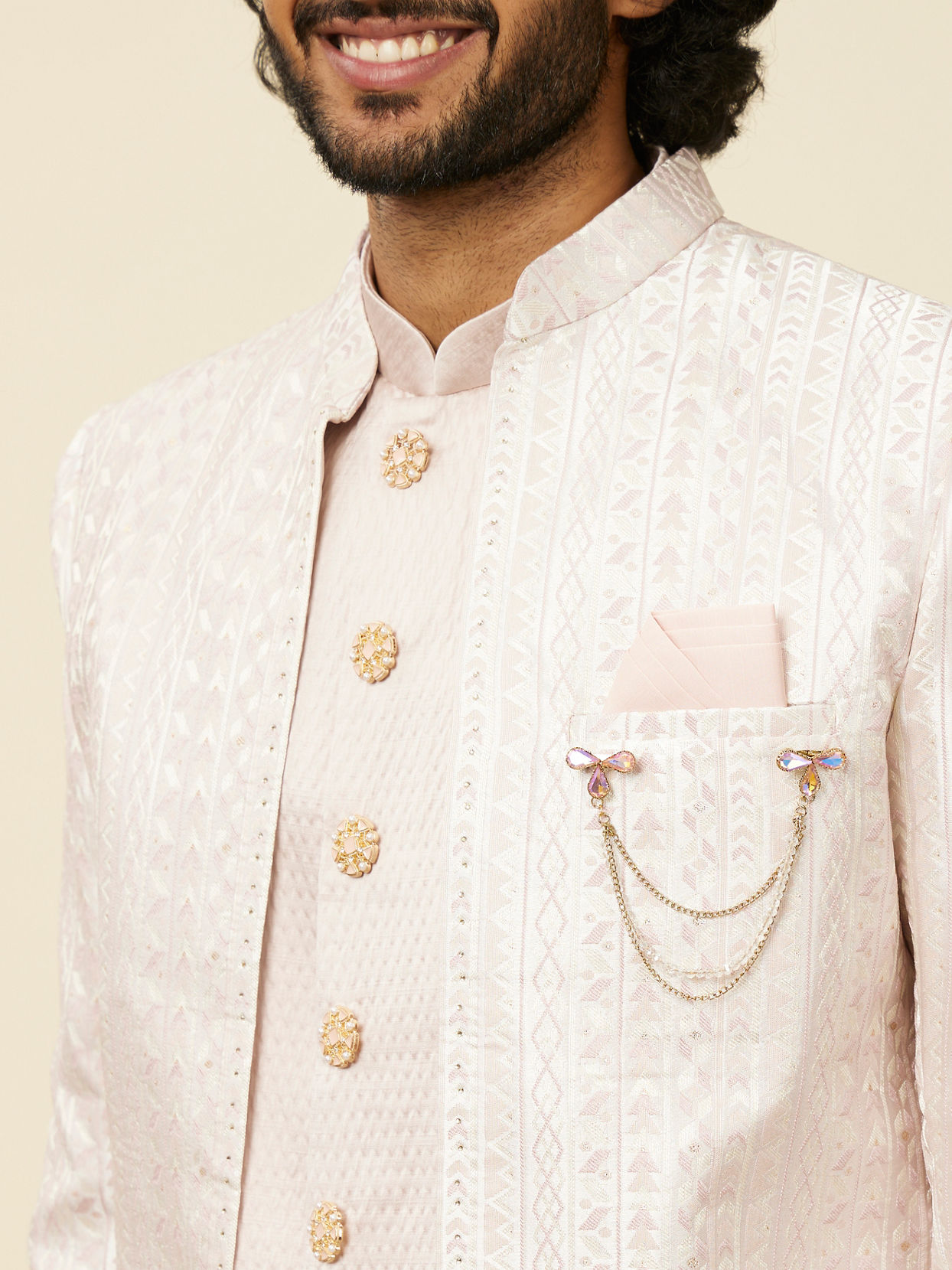 Manyavar Men Dusty Pink Self Patterned Open Sherwani Set