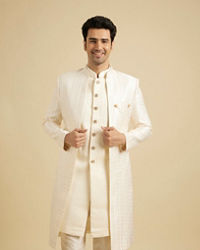 Manyavar Men Baby Pink Fern Patterned Sherwani Set with Sequin Highlights