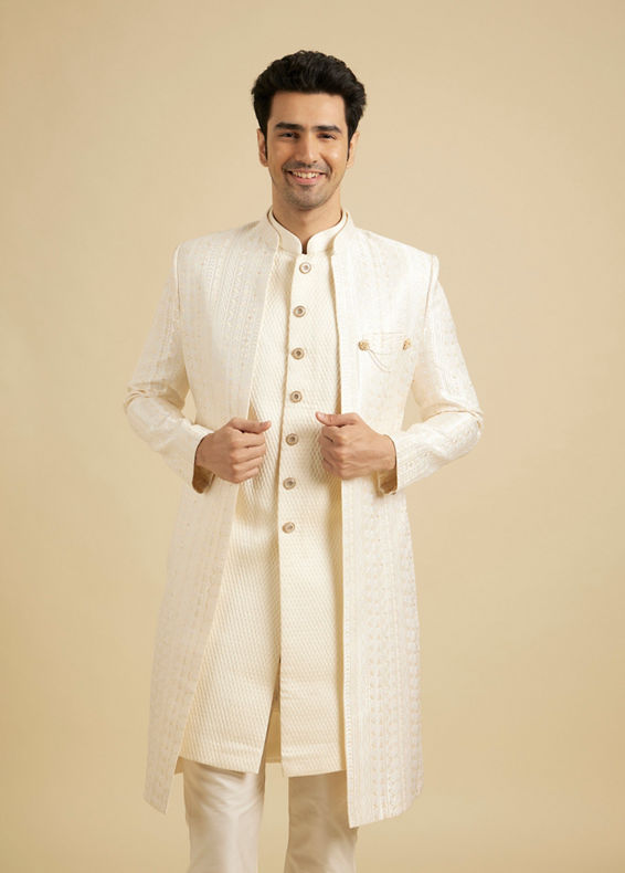 Manyavar Men Baby Pink Fern Patterned Sherwani Set with Sequin Highlights