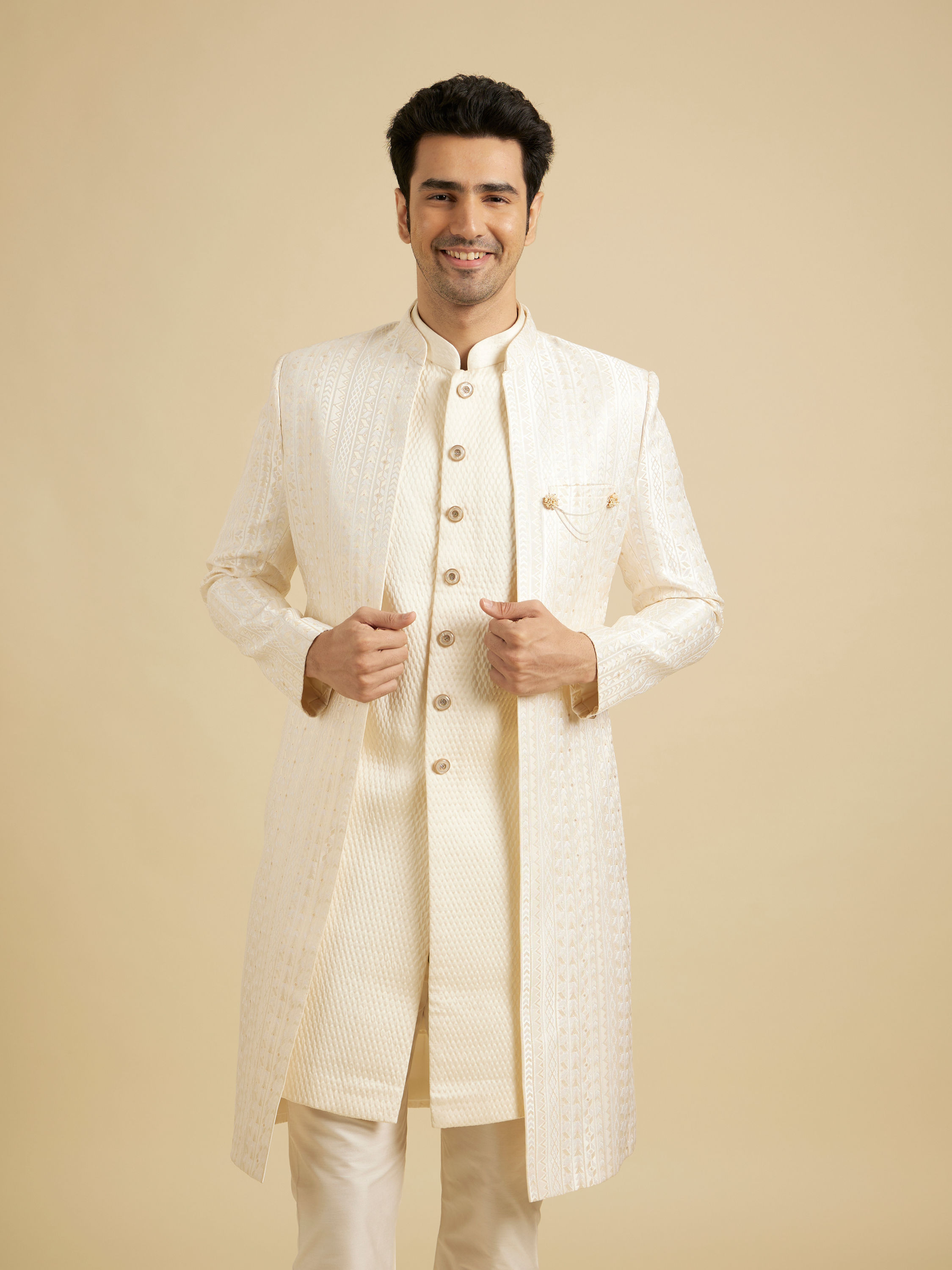 Manyavar Men Baby Pink Fern Patterned Sherwani Set with Sequin Highlights