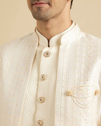 Manyavar Men Baby Pink Fern Patterned Sherwani Set with Sequin Highlights