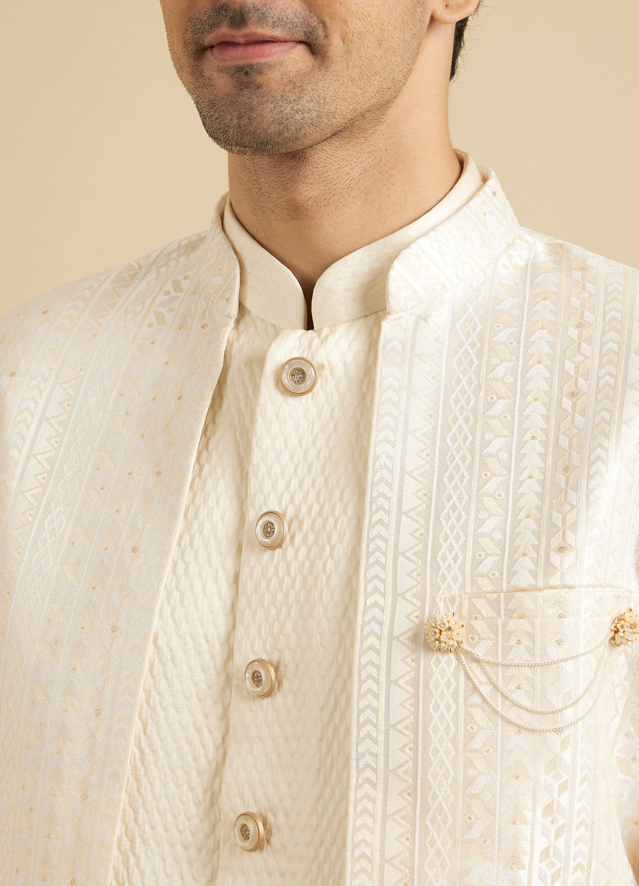 Manyavar Men Baby Pink Fern Patterned Sherwani Set with Sequin Highlights