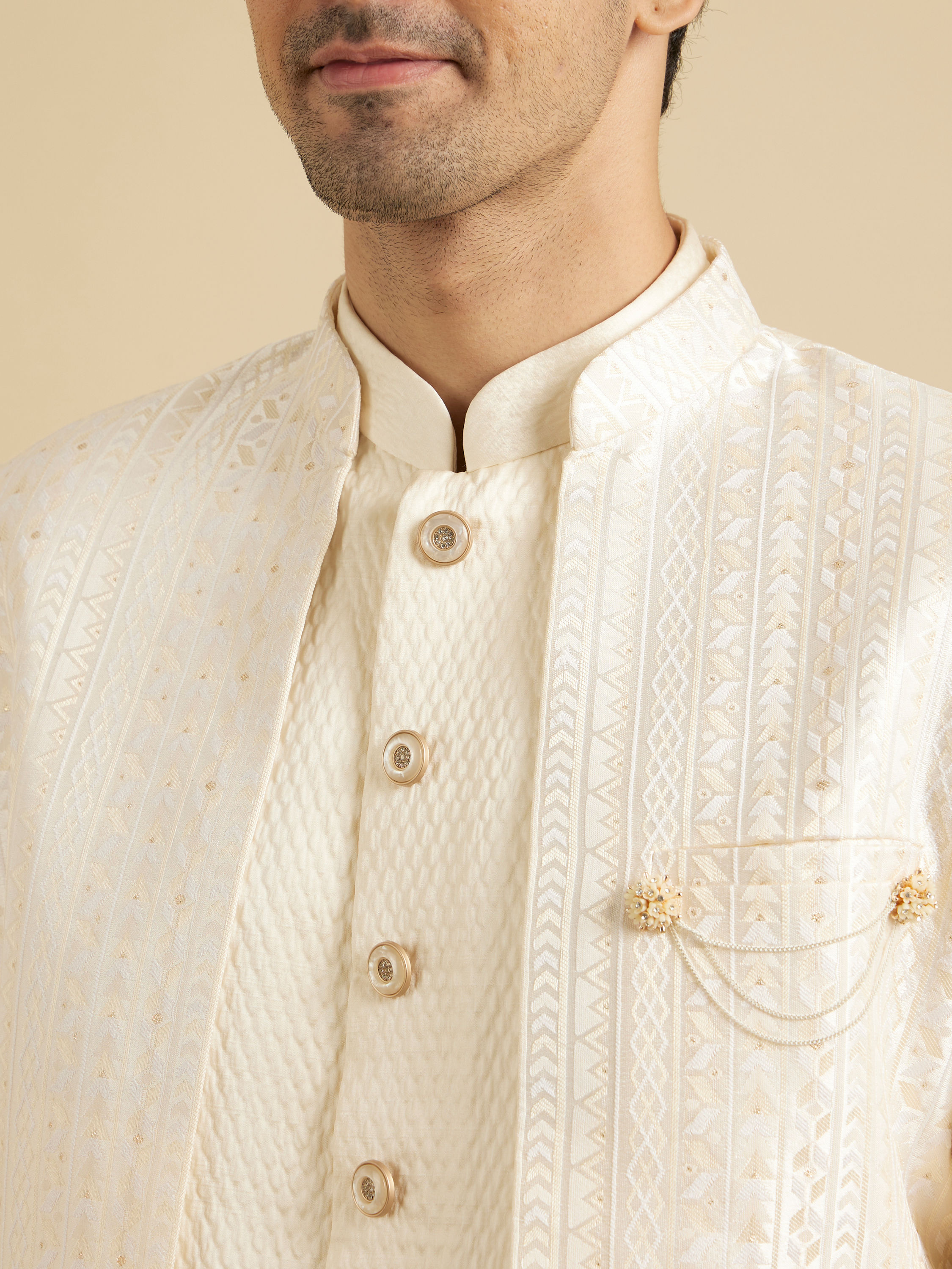 Manyavar Men Baby Pink Fern Patterned Sherwani Set with Sequin Highlights