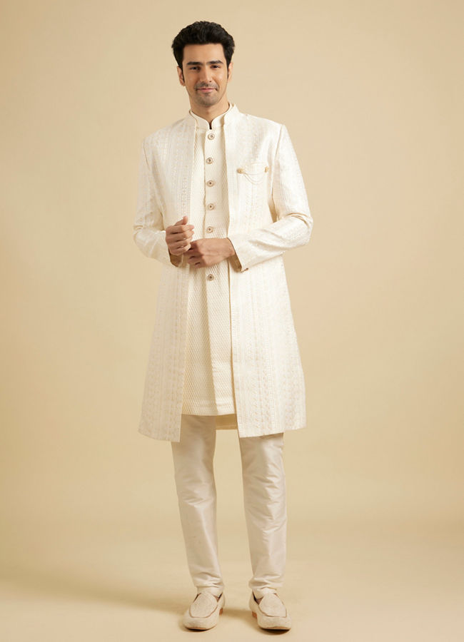 Manyavar Men Baby Pink Fern Patterned Sherwani Set with Sequin Highlights