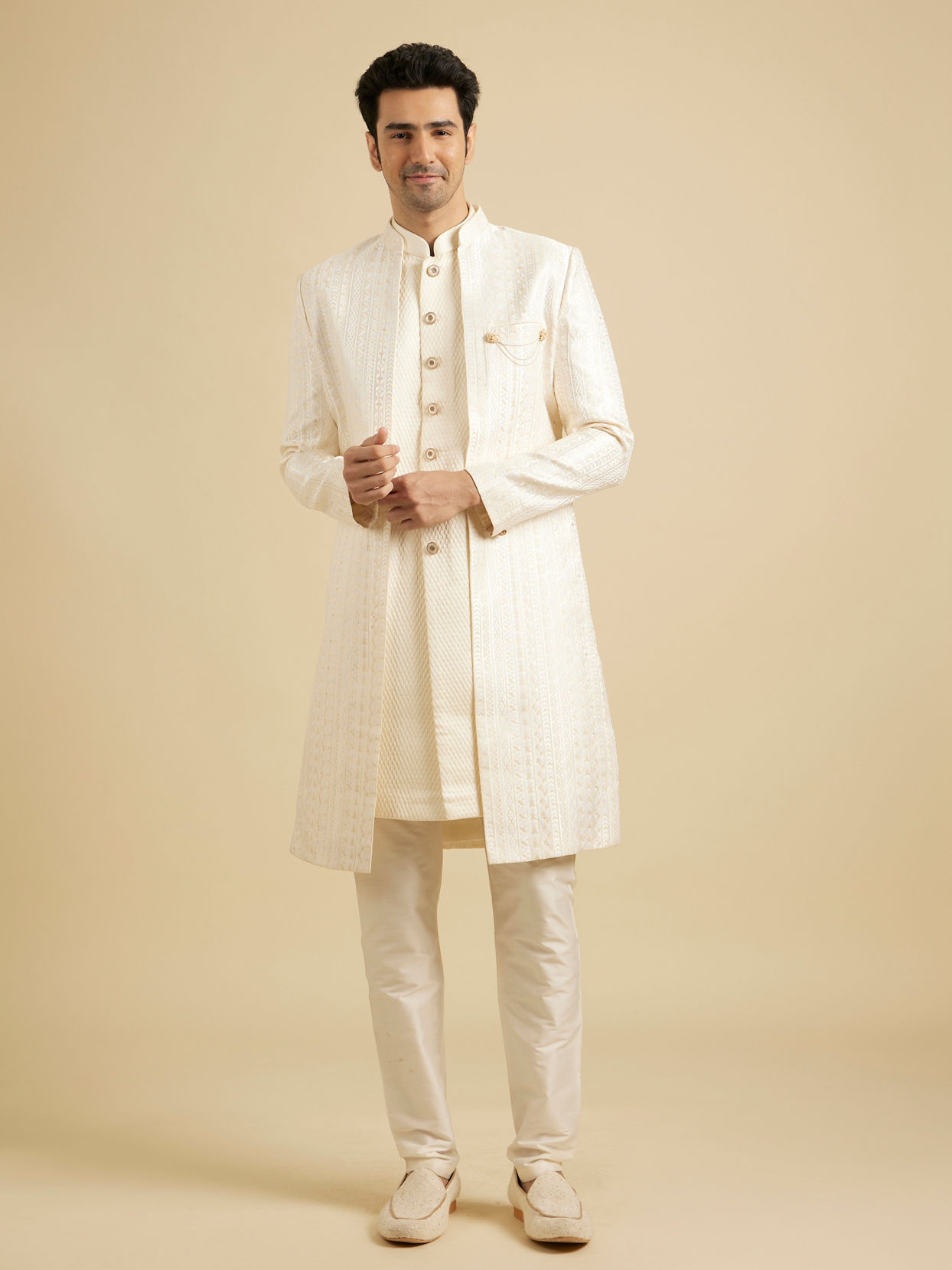 Manyavar Men Baby Pink Fern Patterned Sherwani Set with Sequin Highlights