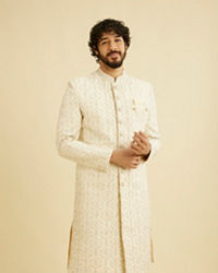 Manyavar Men Cream Beige Jaal Medallion Patterned Sherwani Set with Rhinestones