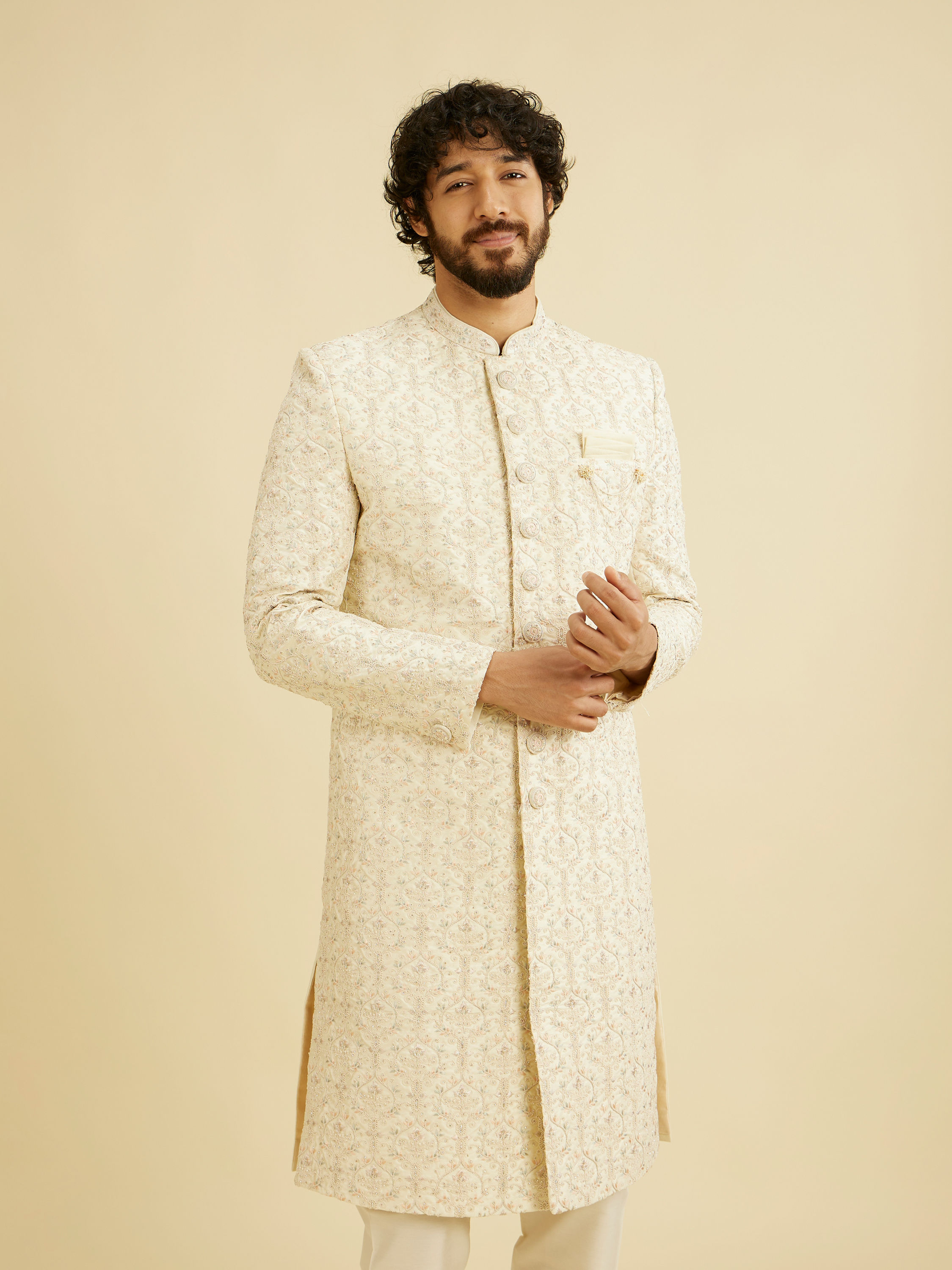 Manyavar Men Cream Beige Jaal Medallion Patterned Sherwani Set with Rhinestones