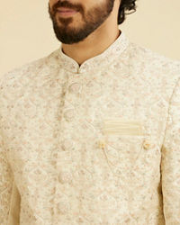 Manyavar Men Cream Beige Jaal Medallion Patterned Sherwani Set with Rhinestones