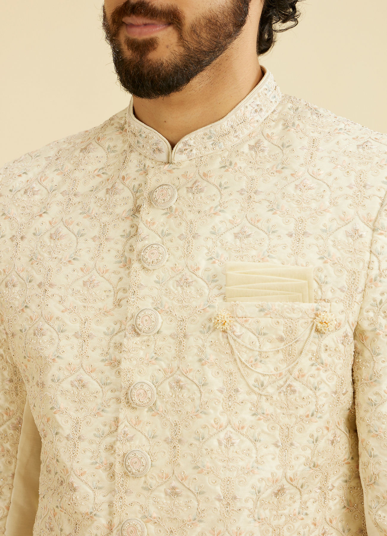 Manyavar Men Cream Beige Jaal Medallion Patterned Sherwani Set with Rhinestones