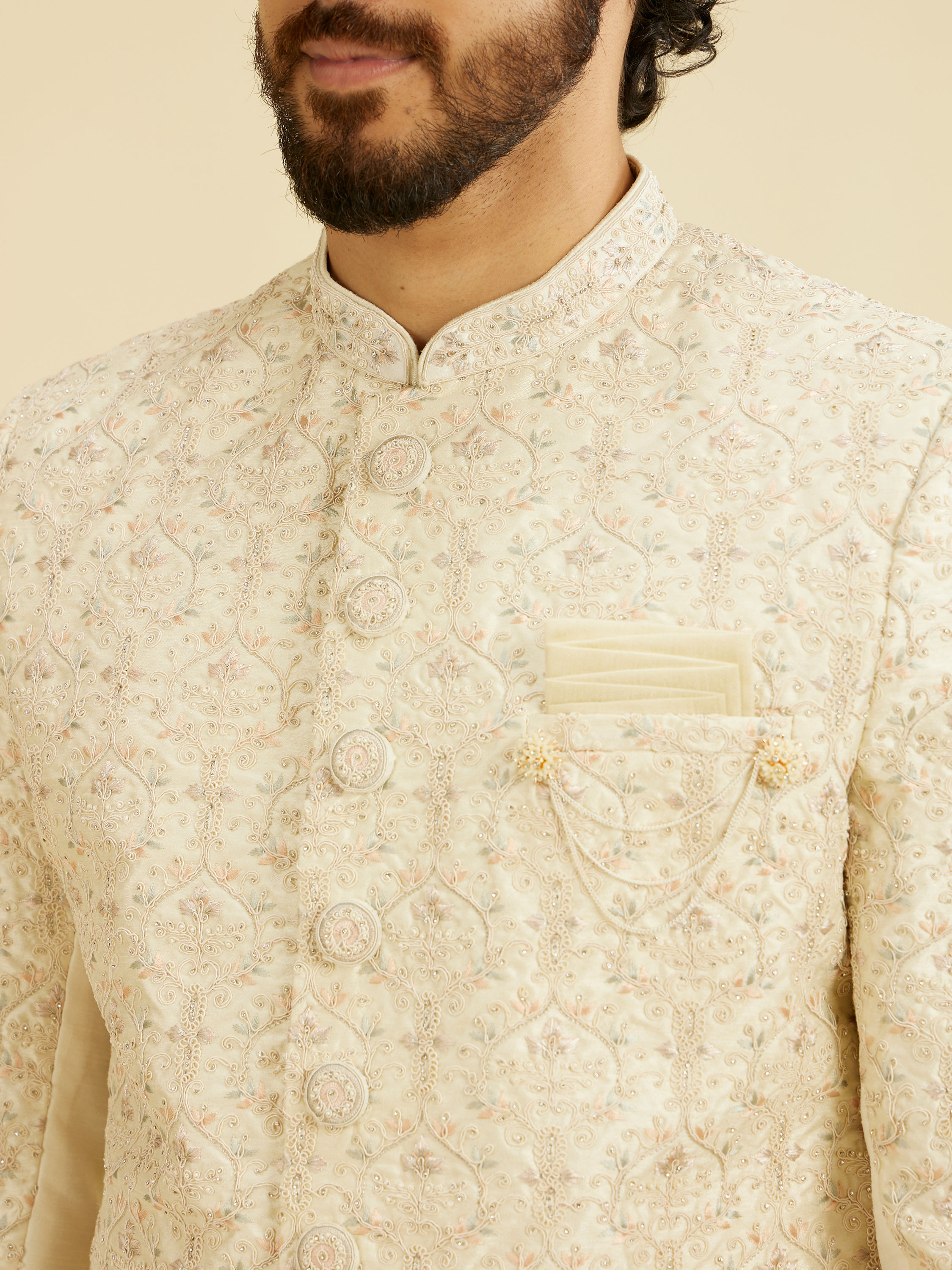 Manyavar Men Cream Beige Jaal Medallion Patterned Sherwani Set with Rhinestones