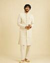 Manyavar Men Cream Beige Jaal Medallion Patterned Sherwani Set with Rhinestones