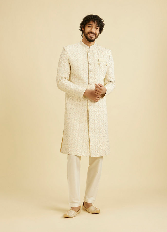 Manyavar Men Cream Beige Jaal Medallion Patterned Sherwani Set with Rhinestones