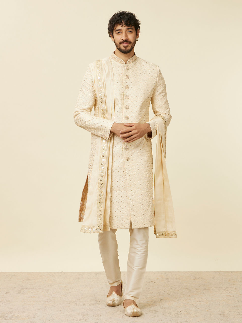 Manyavar Men Sand Beige Sequinned Sherwani Set