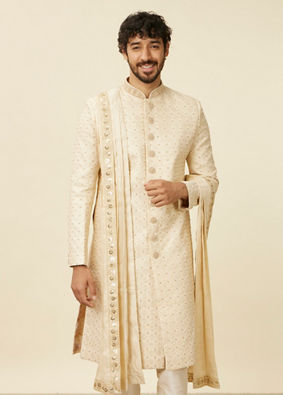 Manyavar Men Sand Beige Sequinned Sherwani Set image number 0