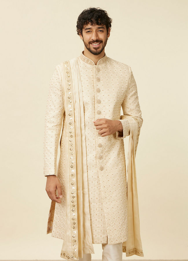 Manyavar Men Sand Beige Sequinned Sherwani Set image number 0