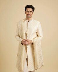 Manyavar Men Baby Pink Grid Patterned Sherwani Set with Sequin Work