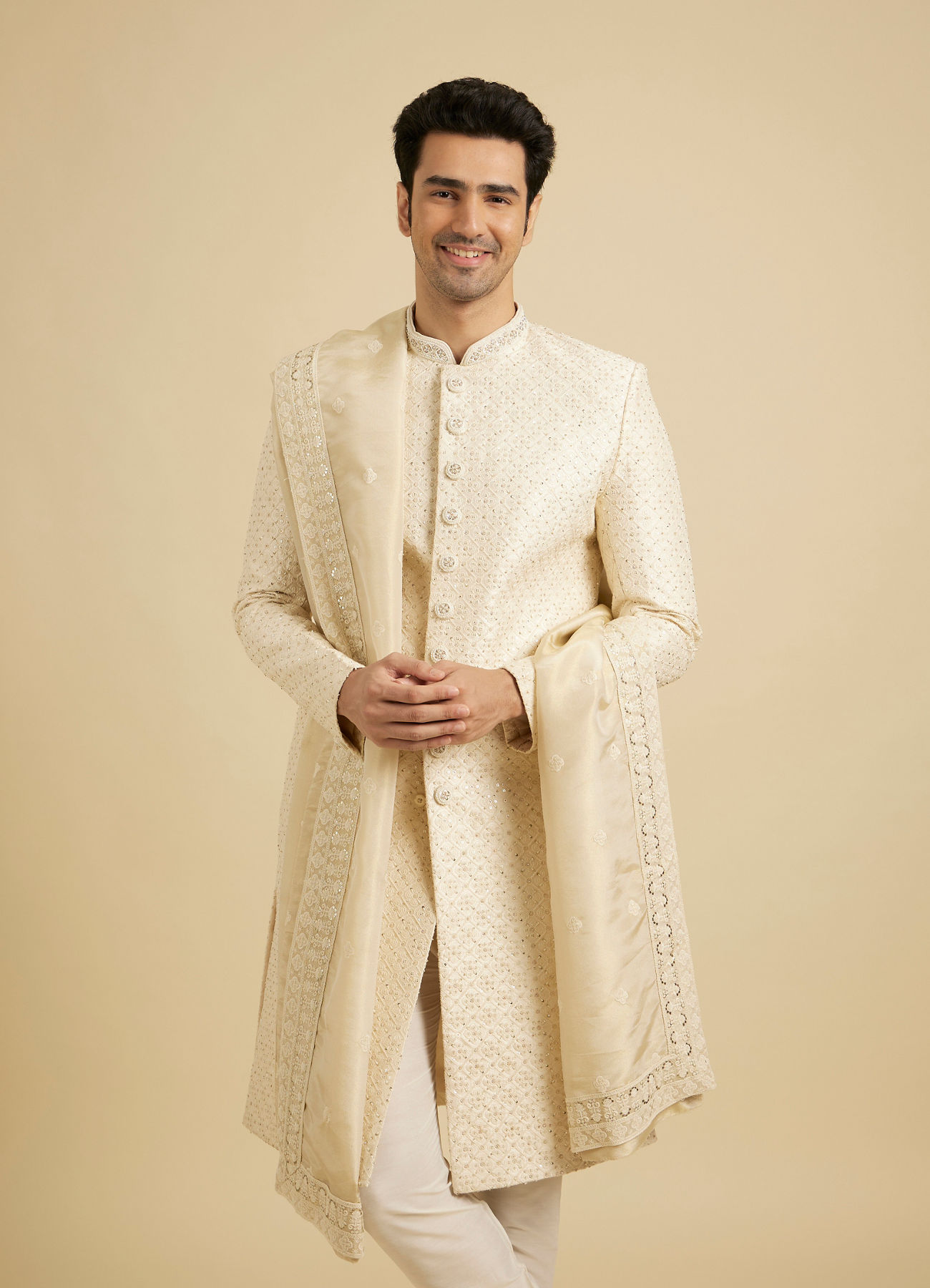Manyavar Men Baby Pink Grid Patterned Sherwani Set with Sequin Work