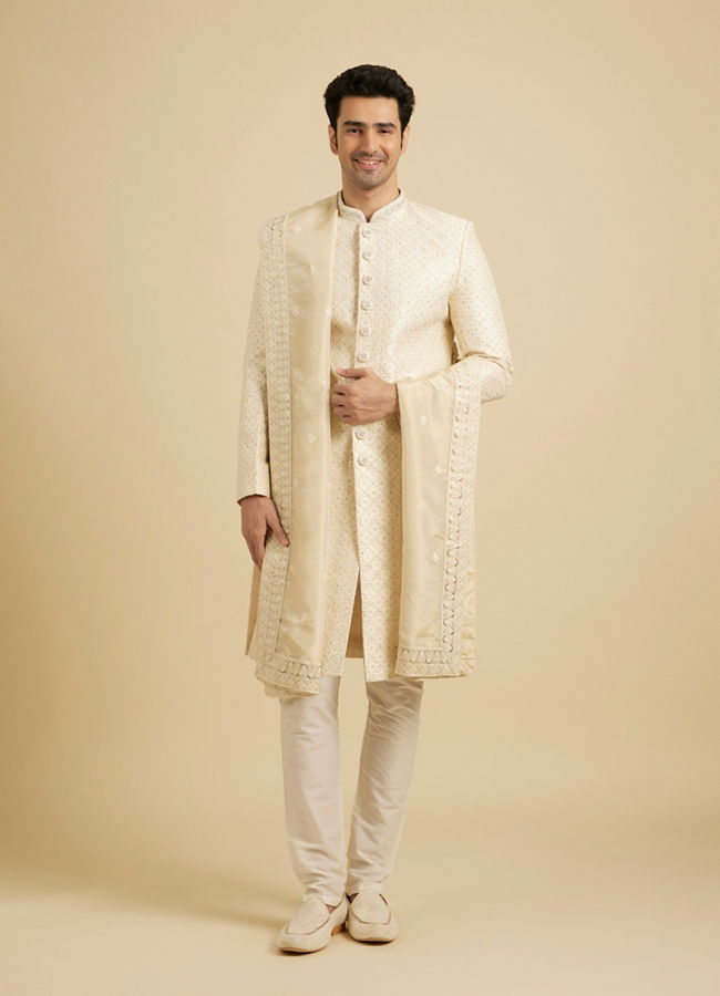 Manyavar Men Baby Pink Grid Patterned Sherwani Set with Sequin Work