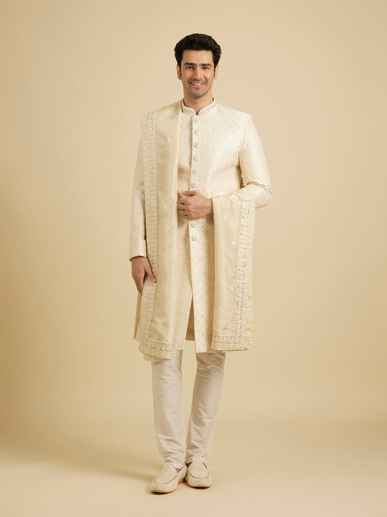 Manyavar Men Baby Pink Grid Patterned Sherwani Set with Sequin Work