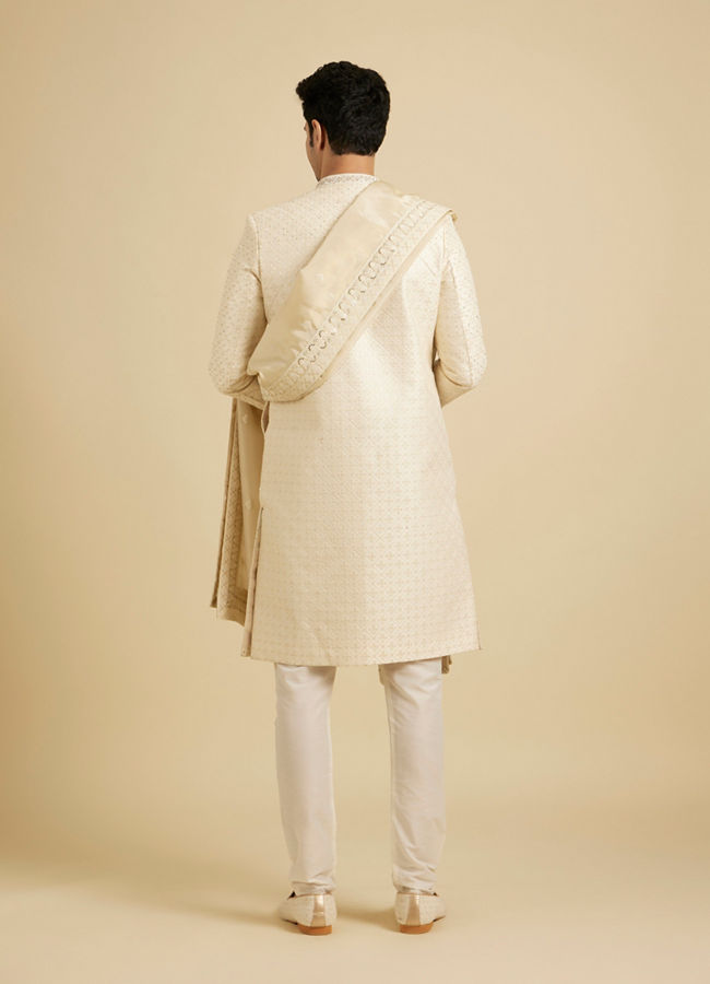 Manyavar Men Baby Pink Grid Patterned Sherwani Set with Sequin Work