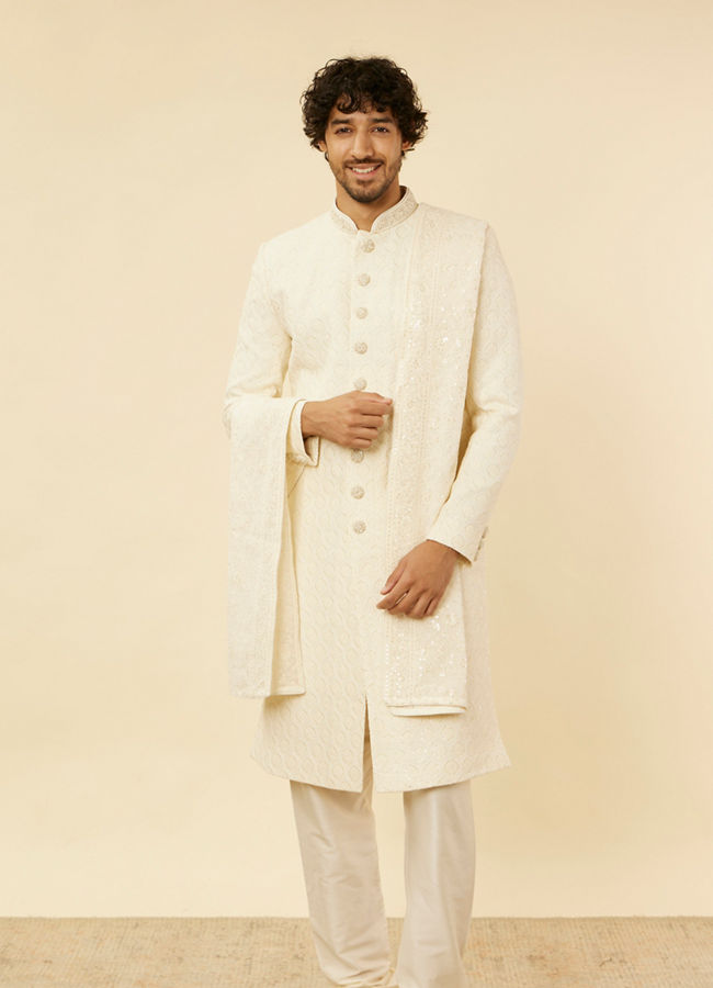 Manyavar Men Blush Pink Paisley Patterned Achkan Style Sherwani Set