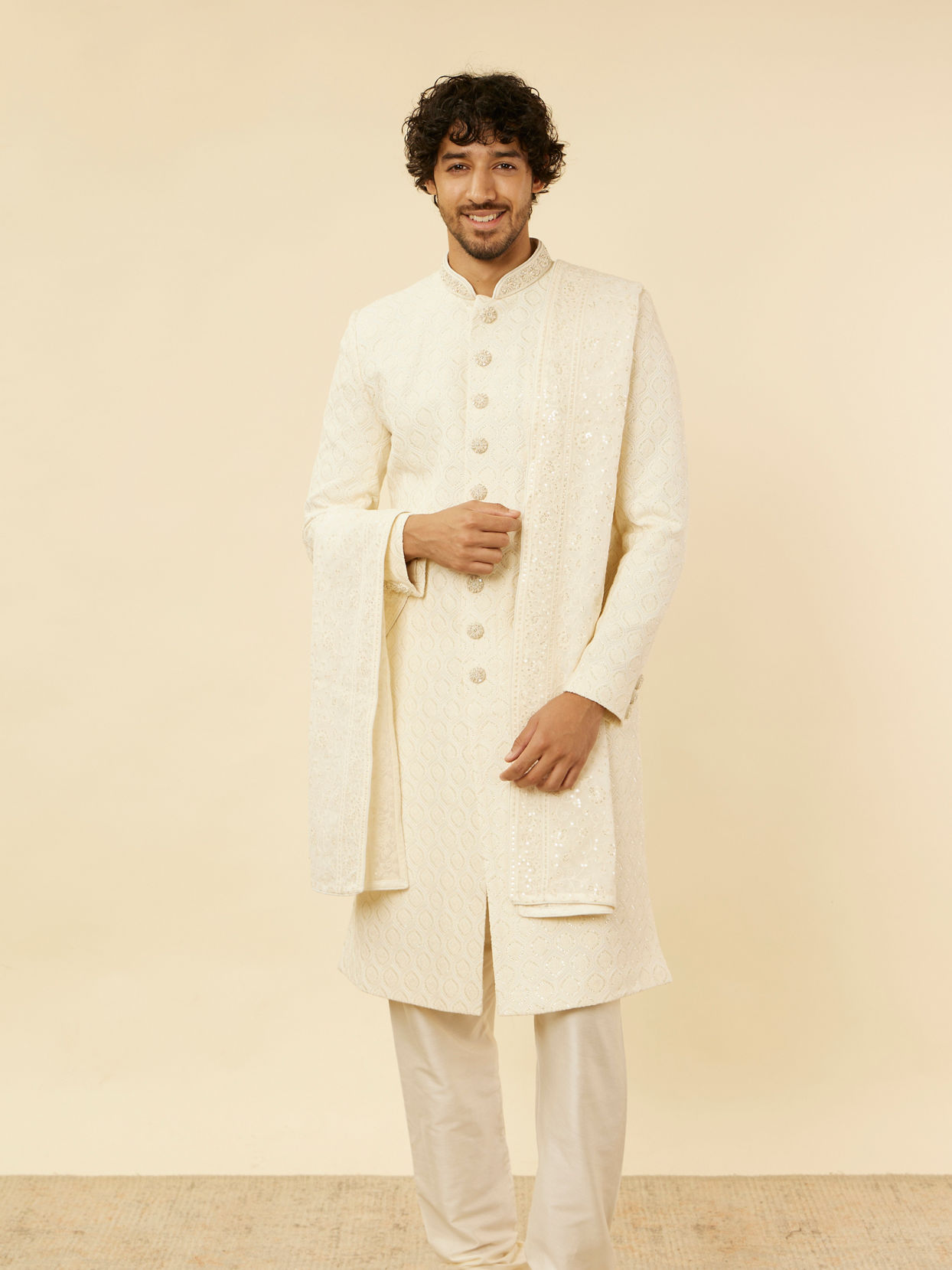 alt message - Manyavar Men Blush Pink Paisley Patterned Achkan Style Sherwani Set image number 0